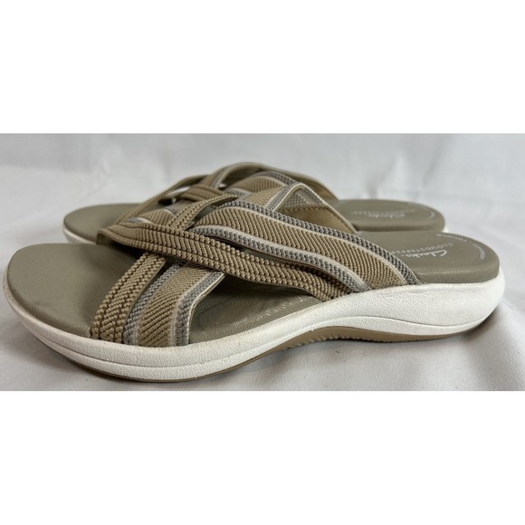 Women's‎ Clarks Mira Isle Slide Sandal Sand Textile Cloud Steppers Size 7.5~EUC - Picture 4 of 11